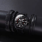 BM Fashion Quartz Alloy Business PU Leather Glass Pointer Men's Watch Set