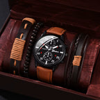 BM Fashion Quartz Alloy Business PU Leather Glass Pointer Men's Watch Set