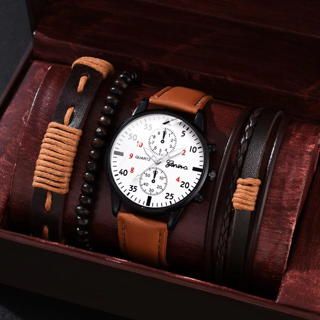 BM Fashion Quartz Alloy Business PU Leather Glass Pointer Men's Watch Set