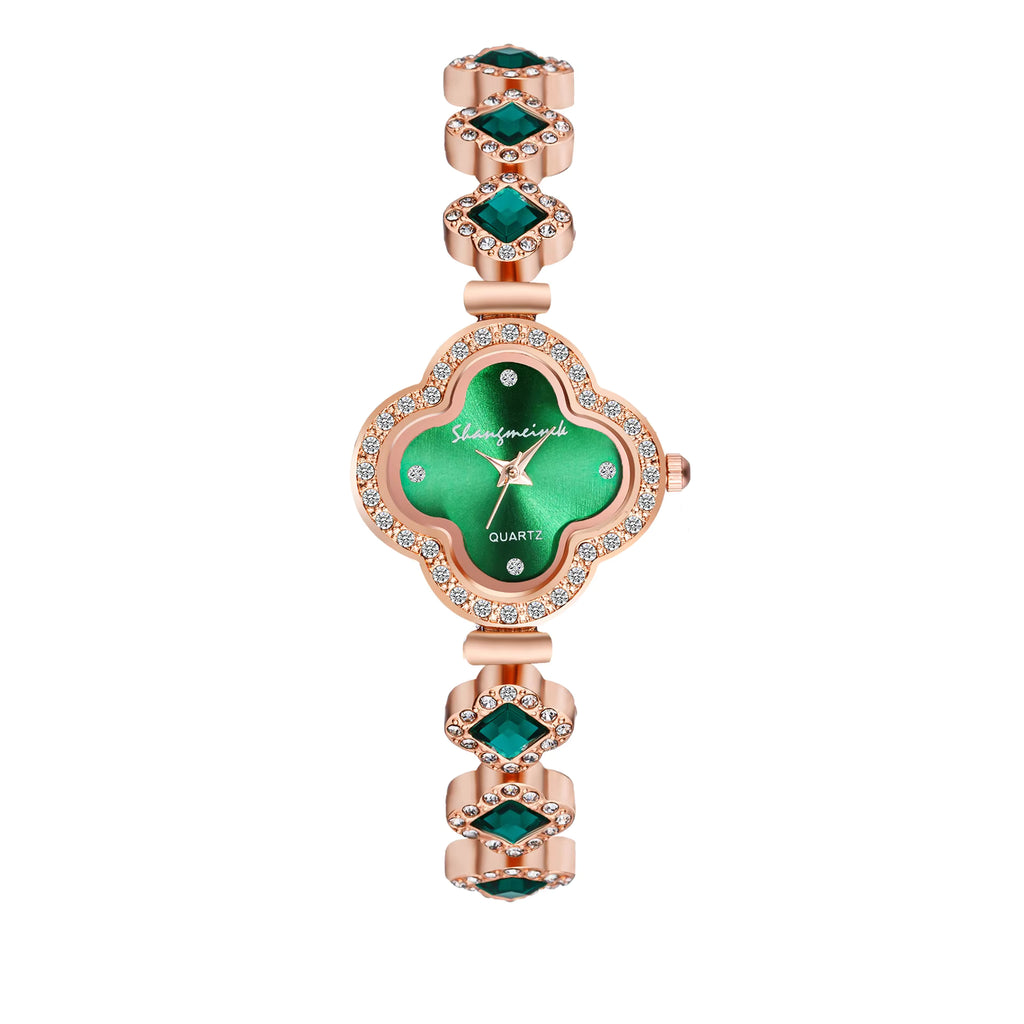 Women's Clover Bracelet Quartz Watches Green Gemstone Stainless Steel Band Women Wrist Watches