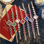 Women's Clover Bracelet Quartz Watches Green Gemstone Stainless Steel Band Women Wrist Watches