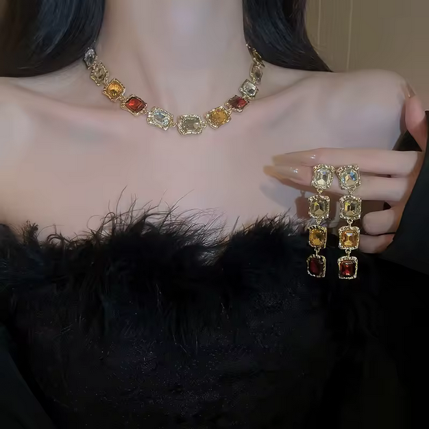 Shiny Colorful Square Rhinestones Chokers Necklaces Magnificent Geometric Dangle Earrings Vintage Party Accessories Jewelry Sets