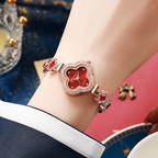 Women's Clover Bracelet Quartz Watches Green Gemstone Stainless Steel Band Women Wrist Watches