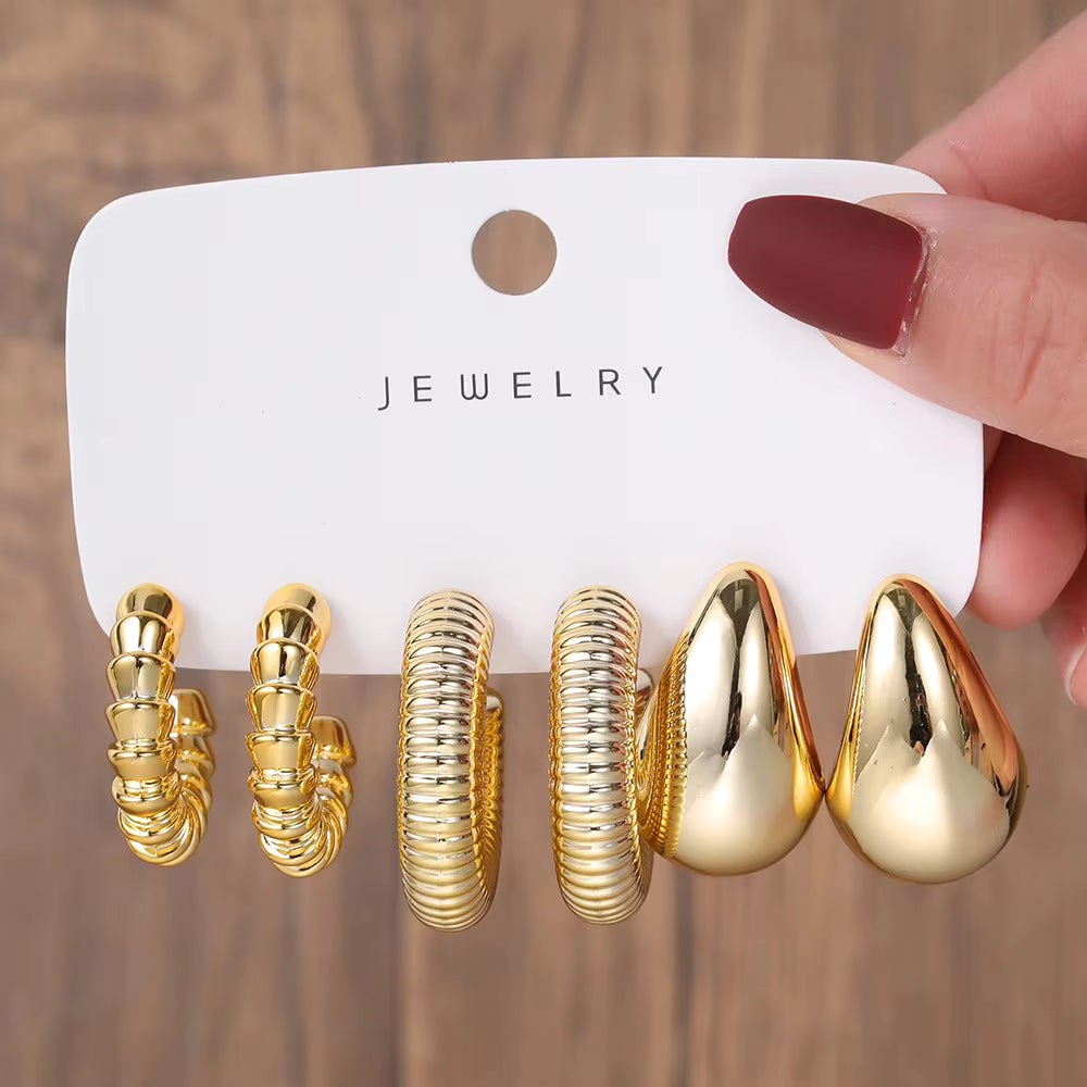 New Fashion 3pcs/set Gold Silver C Shape Big Water Drop Hoop Earrings Set for Women Jewelry Party Gift Fashion Earrings Set