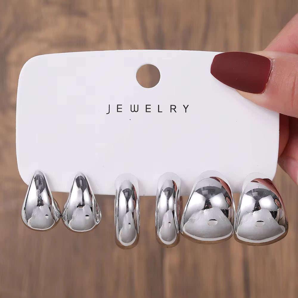 New Fashion 3pcs/set Gold Silver C Shape Big Water Drop Hoop Earrings Set for Women Jewelry Party Gift Fashion Earrings Set