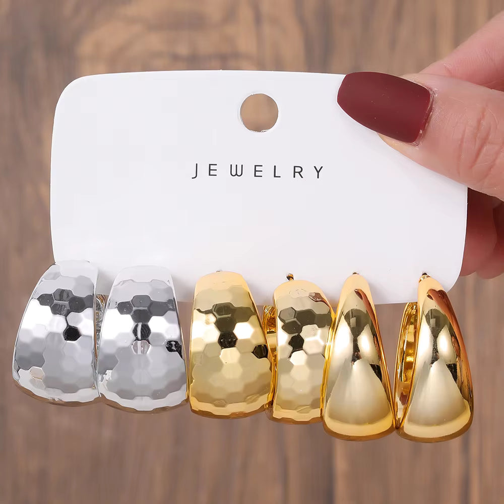 New Fashion 3pcs/set Gold Silver C Shape Big Water Drop Hoop Earrings Set for Women Jewelry Party Gift Fashion Earrings Set